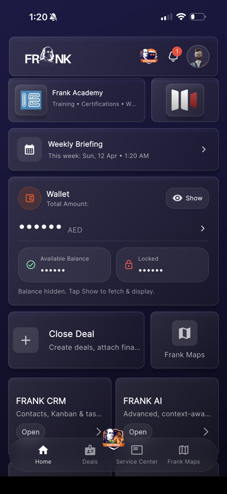 FRANK broker app showing deals, CRM and property maps