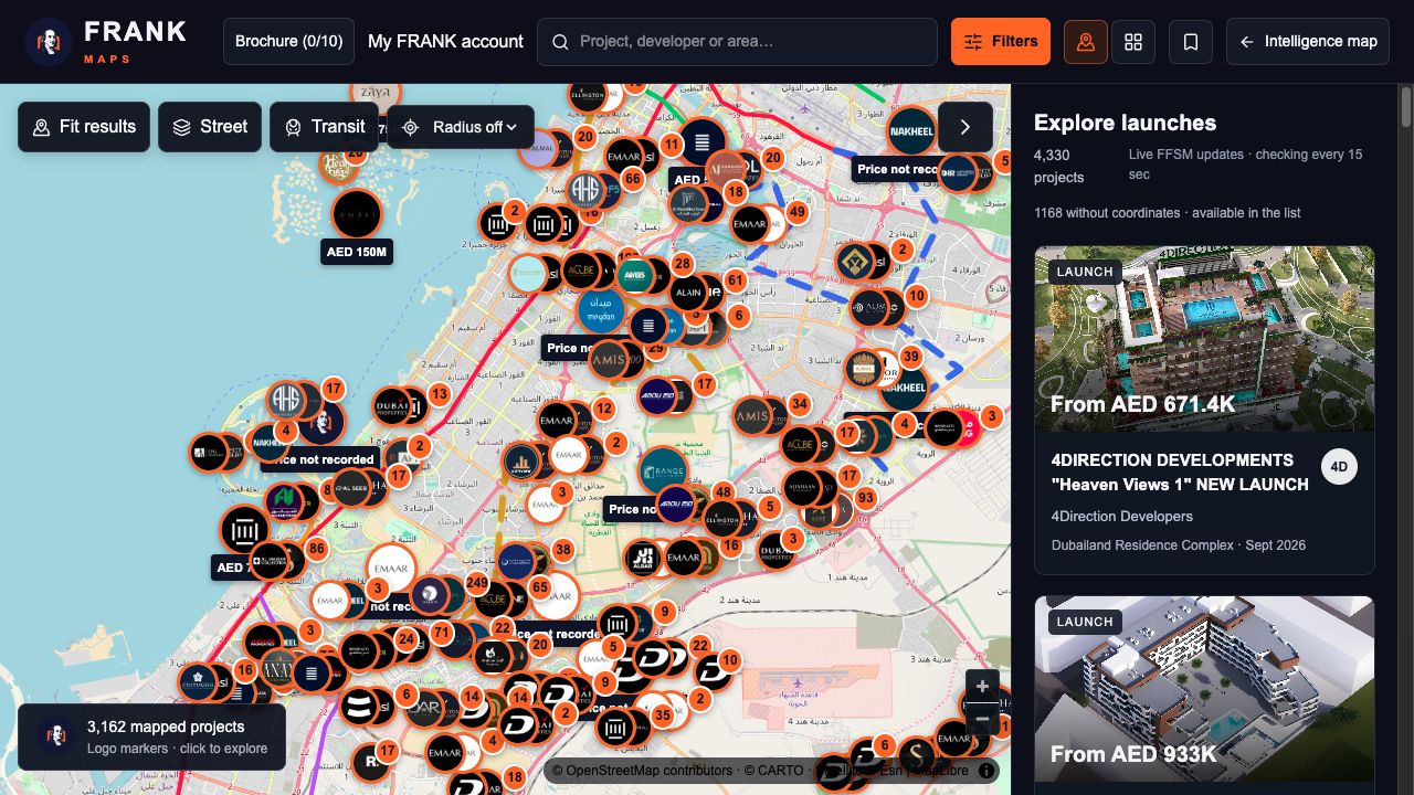 FRANK Maps live project map with project markers and launch listings